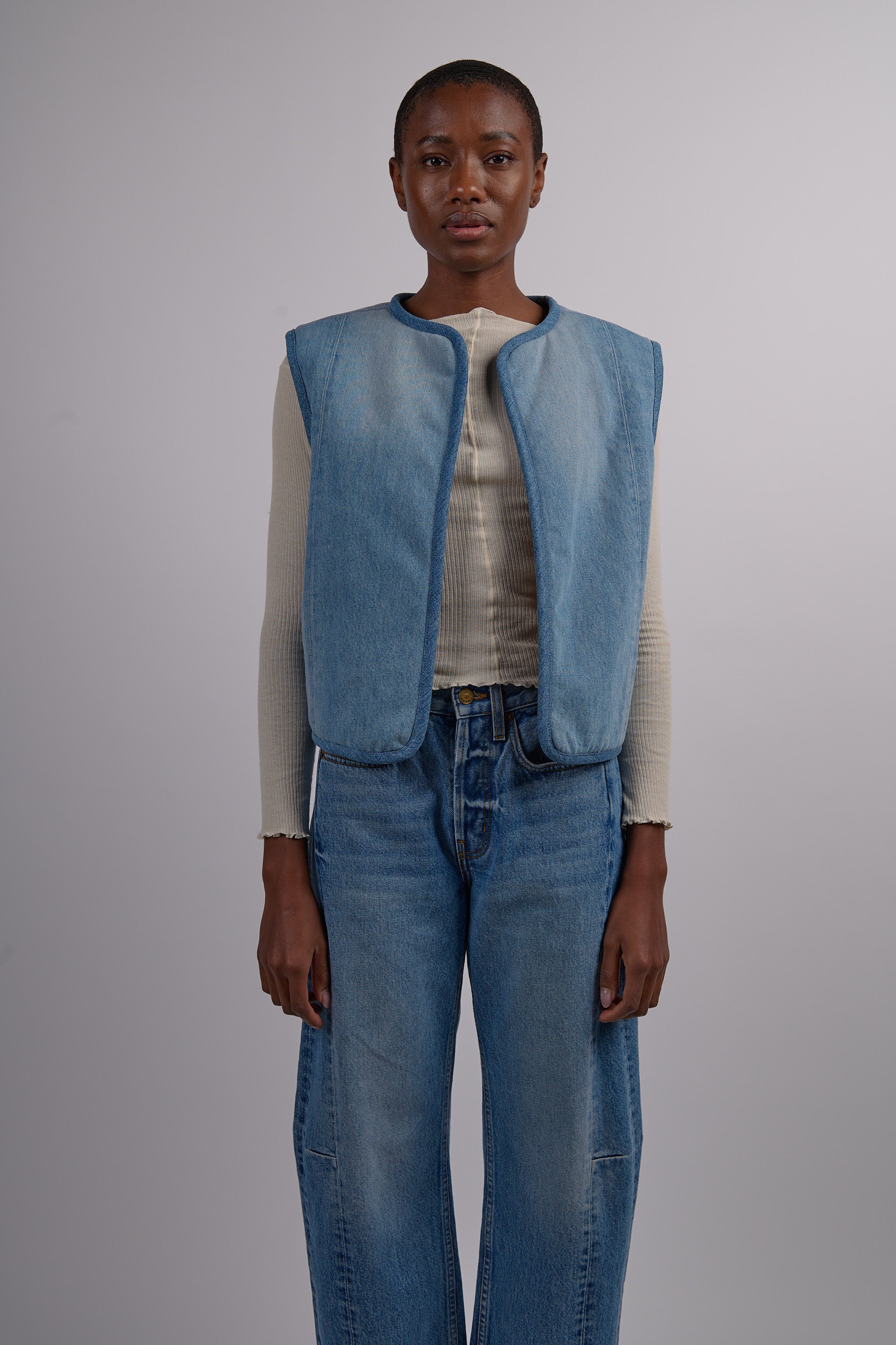 Reversible Reworked Vintage Denim and Sherpa Vest - Oatmeal