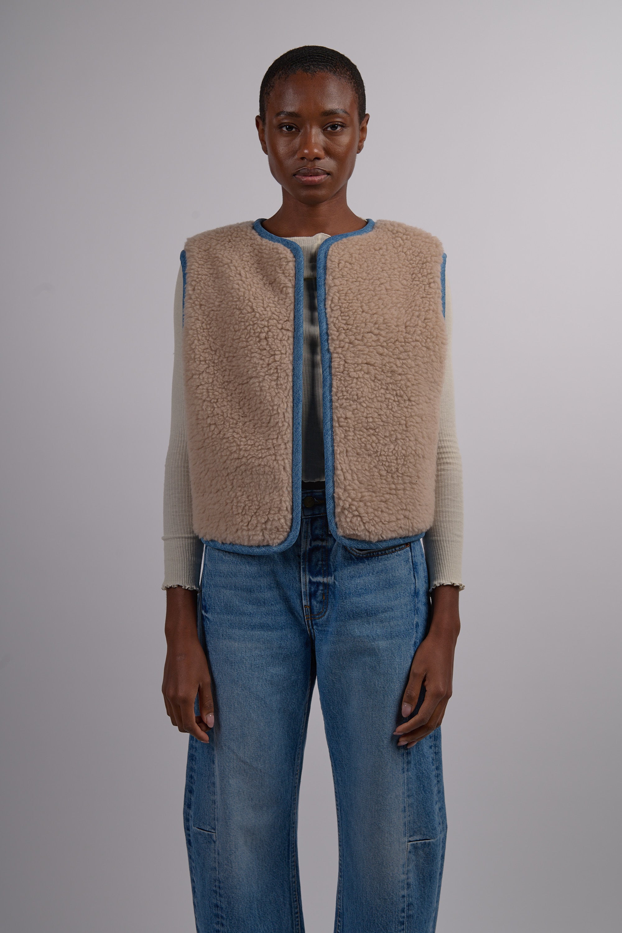 Reversible Reworked Vintage Denim and Sherpa Vest - Oatmeal