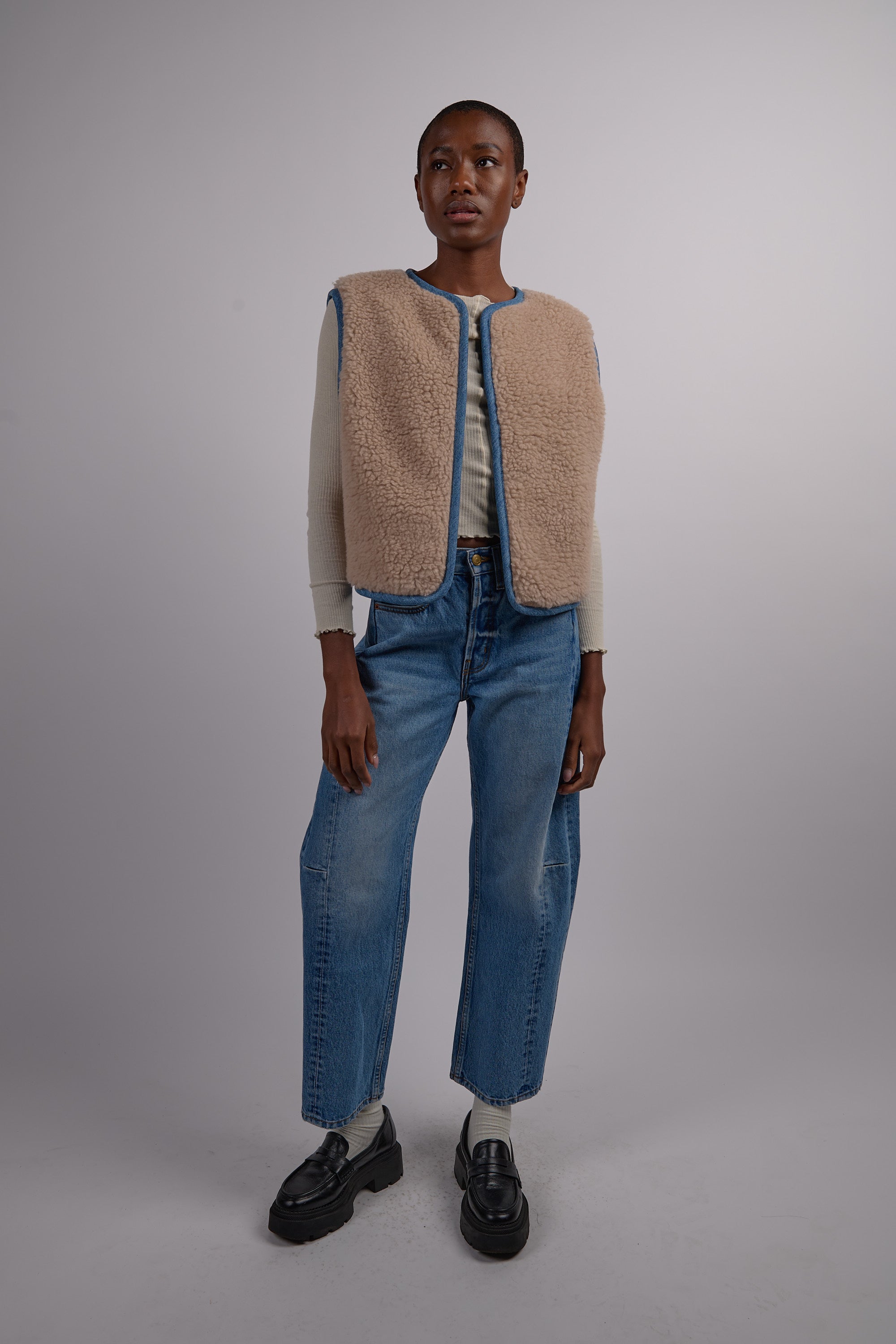 Reversible Reworked Vintage Denim and Sherpa Vest - Oatmeal