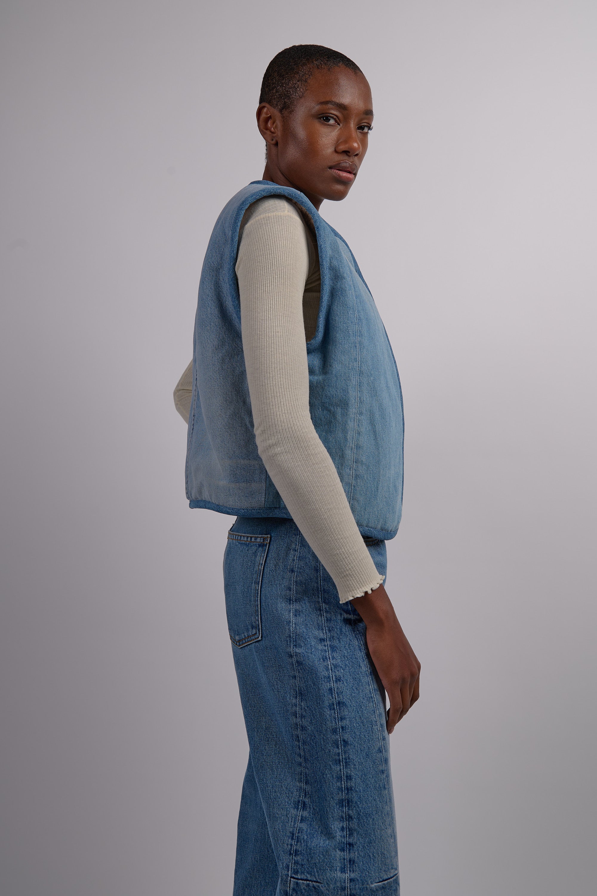 Reversible Reworked Vintage Denim and Sherpa Vest - Oatmeal