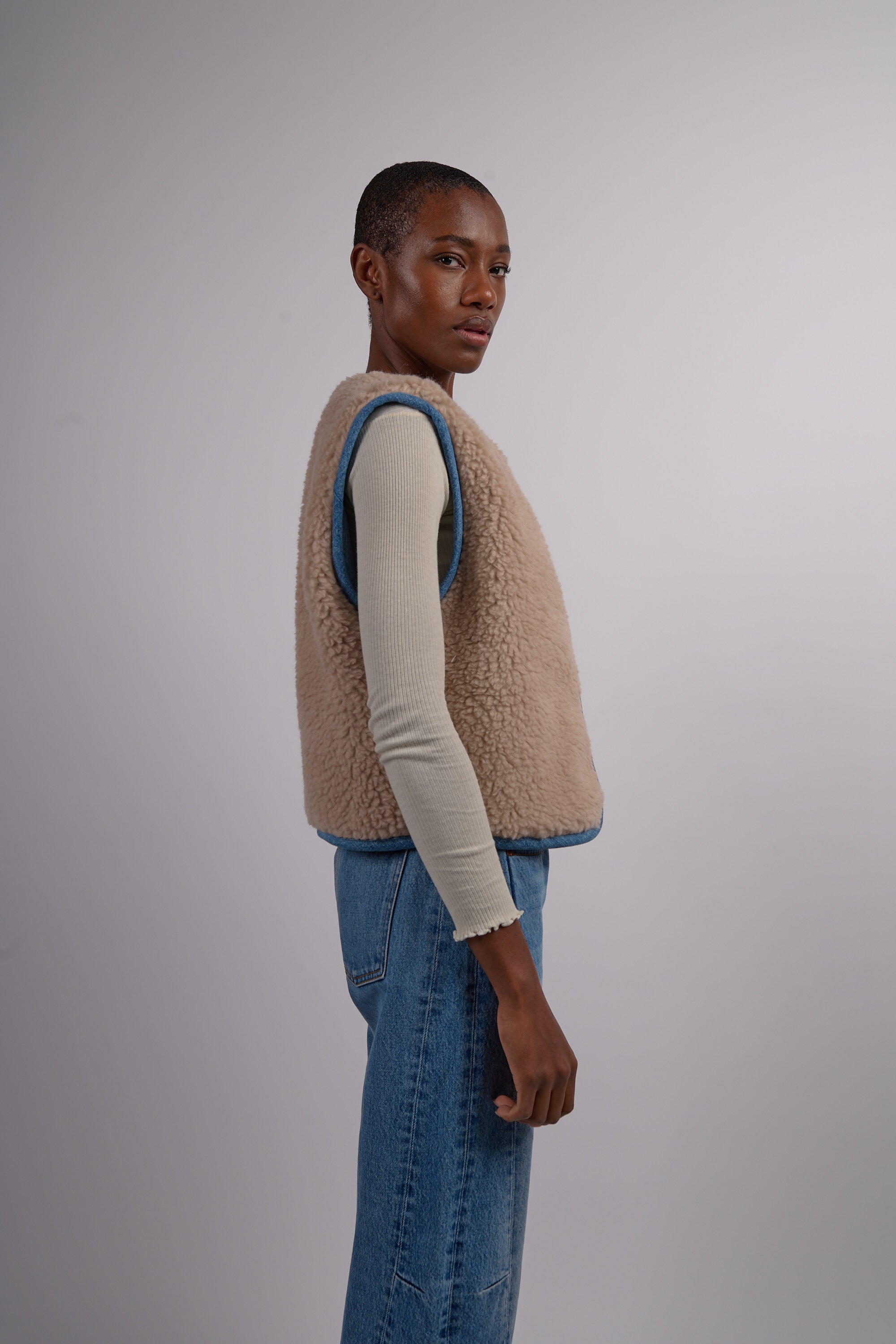 Reversible Reworked Vintage Denim and Sherpa Vest - Oatmeal