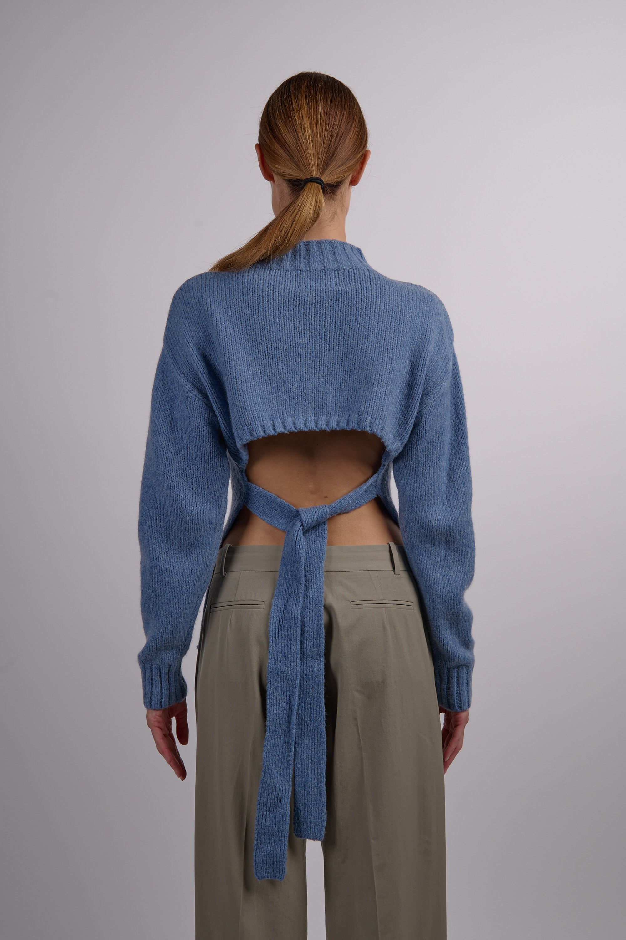 Wool Cashmere Blend Tie Back Jumper - Soft Blue